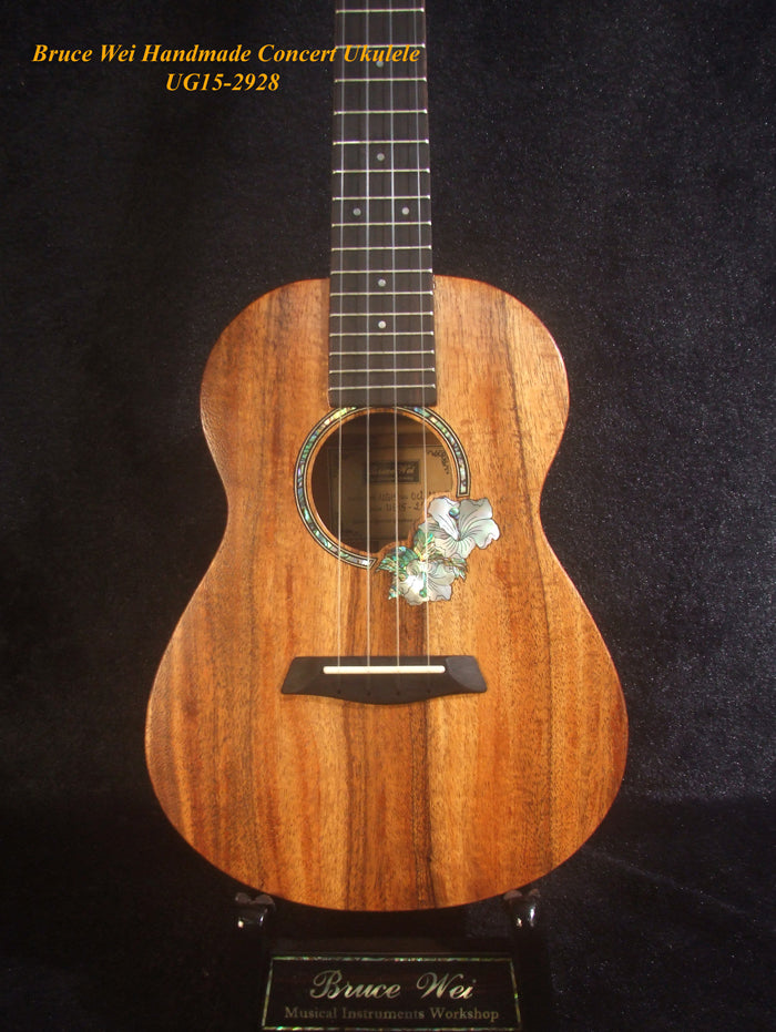 Handcrafted Concert Ukulele, Solid Curly Hawaiian Koa, Hibiscus Mop & Abalone Inlay, Soft-bag, Bruce Wei UG15-2928