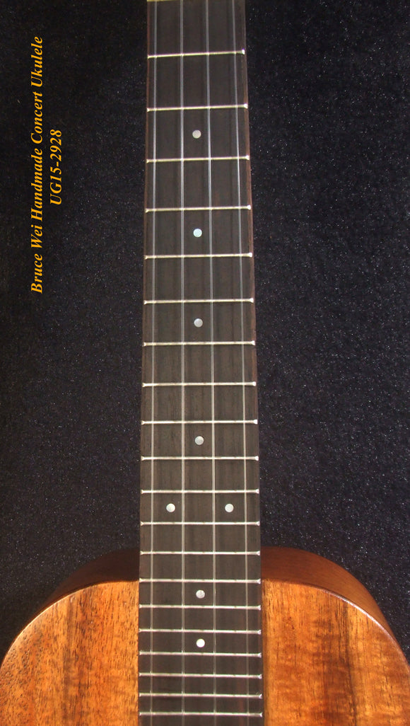 Handcrafted Concert Ukulele, Solid Curly Hawaiian Koa, Hibiscus Mop & Abalone Inlay, Soft-bag, Bruce Wei UG15-2928