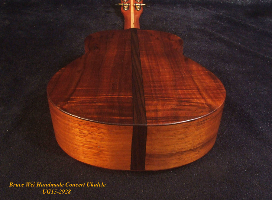 Handcrafted Concert Ukulele, Solid Curly Hawaiian Koa, Hibiscus Mop & Abalone Inlay, Soft-bag, Bruce Wei UG15-2928