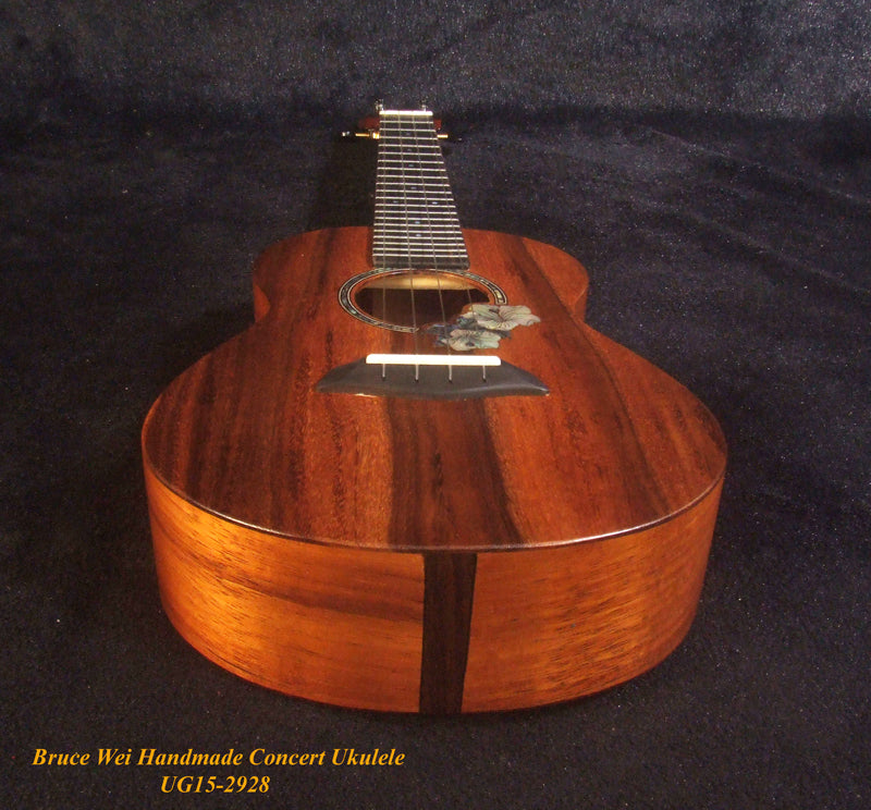 Handcrafted Concert Ukulele, Solid Curly Hawaiian Koa, Hibiscus Mop & Abalone Inlay, Soft-bag, Bruce Wei UG15-2928