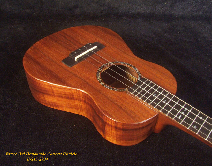 Handcrafted Concert Ukulele, Solid Hawaiian Koa, MOP Inlay, Soft-bag, Bruce Wei UG15-2934