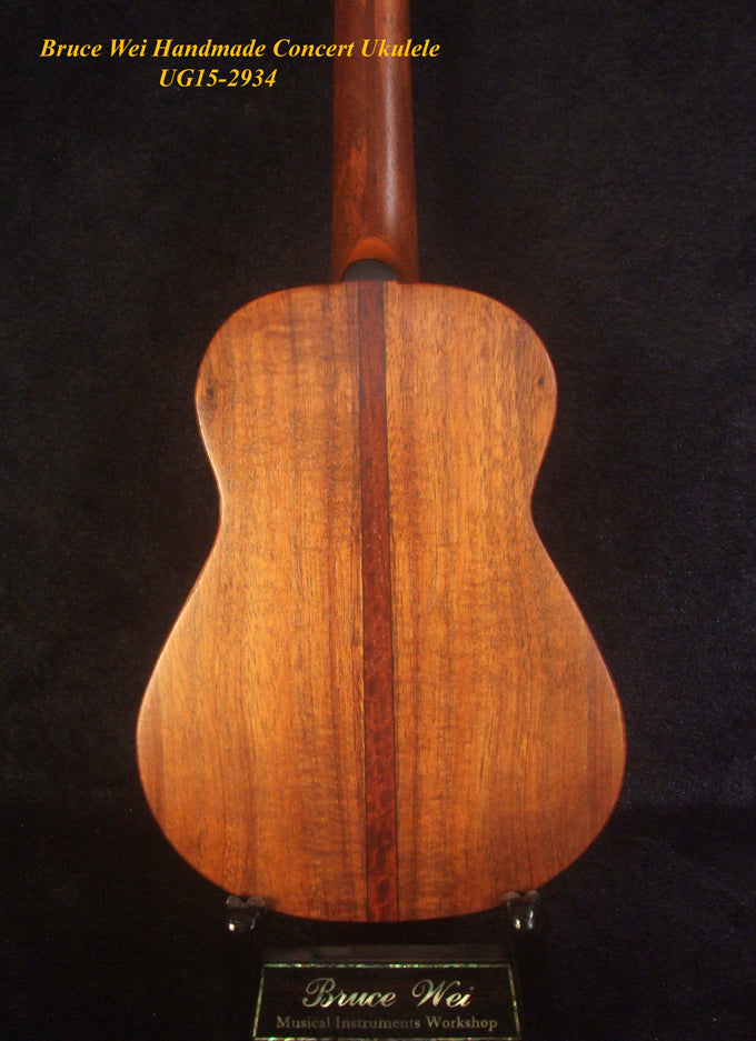Handcrafted Concert Ukulele, Solid Hawaiian Koa, MOP Inlay, Soft-bag, Bruce Wei UG15-2934
