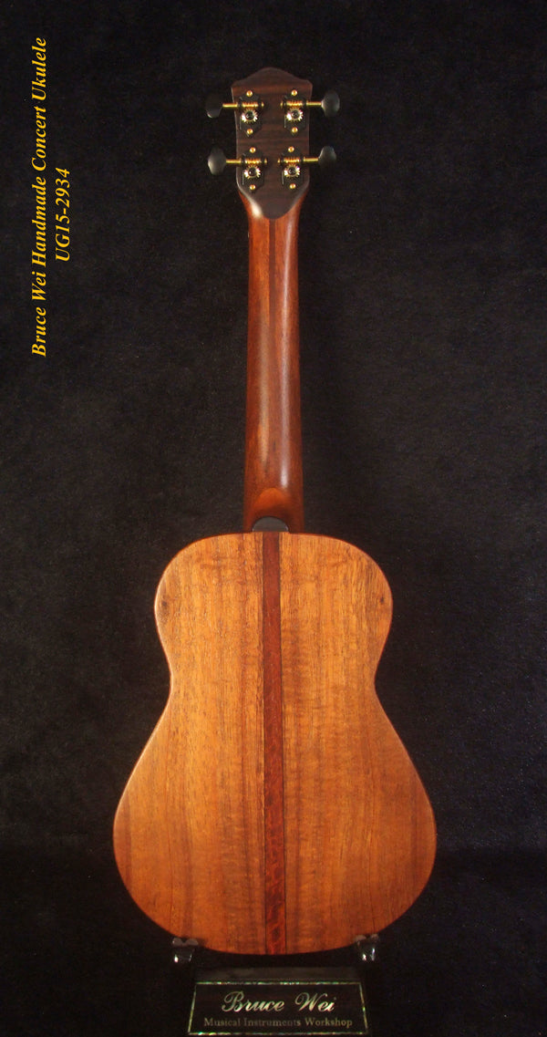 Handcrafted Concert Ukulele, Solid Hawaiian Koa, MOP Inlay, Soft-bag, Bruce Wei UG15-2934