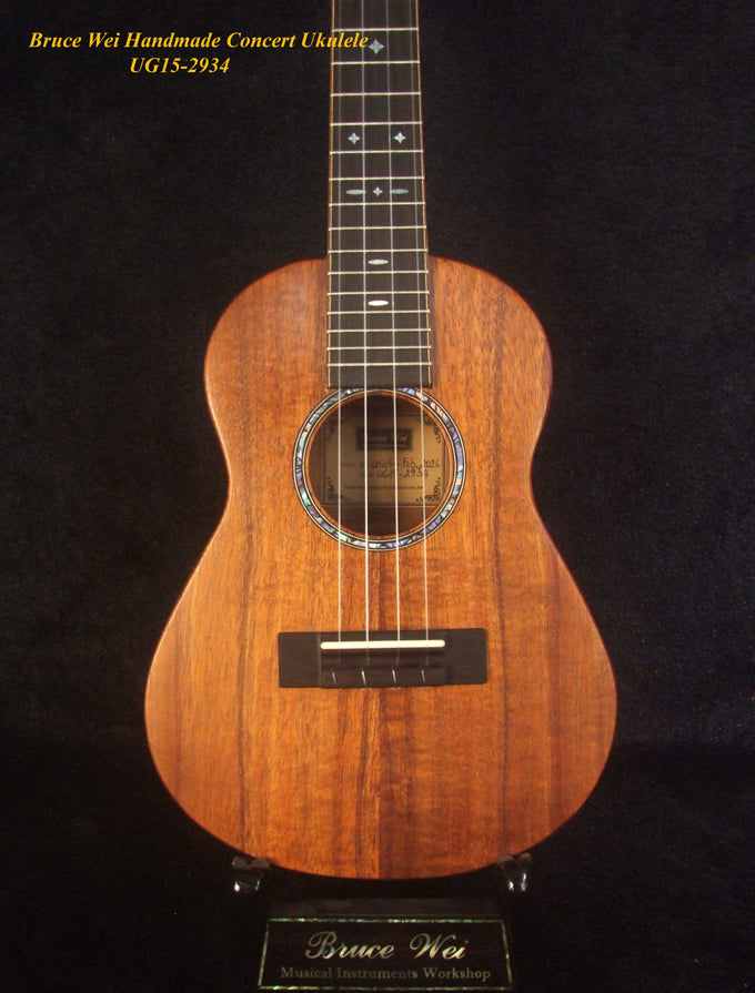 Handcrafted Concert Ukulele, Solid Hawaiian Koa, MOP Inlay, Soft-bag, Bruce Wei UG15-2934