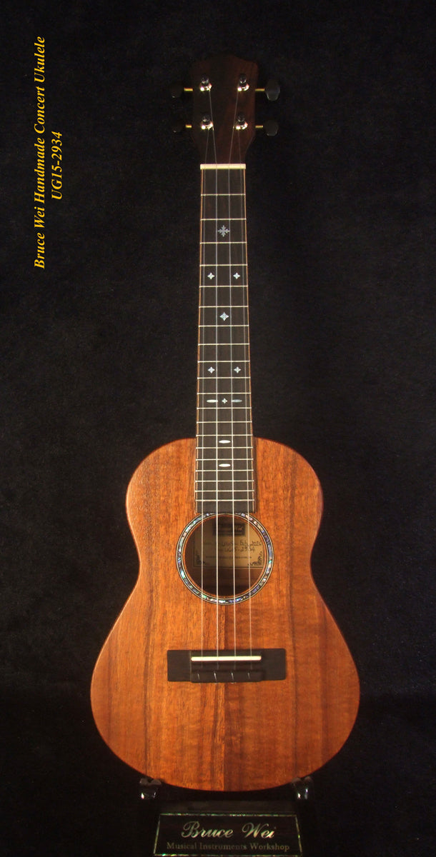 Handcrafted Concert Ukulele, Solid Hawaiian Koa, MOP Inlay, Soft-bag, Bruce Wei UG15-2934