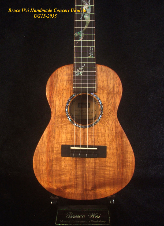 Handcrafted Concert Ukulele, Solid Hawaiian Koa, Mermaid Inlay, Soft-bag, Bruce Wei UG15-2935