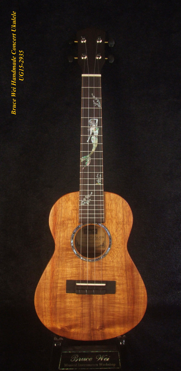 Handcrafted Concert Ukulele, Solid Hawaiian Koa, Mermaid Inlay, Soft-bag, Bruce Wei UG15-2935
