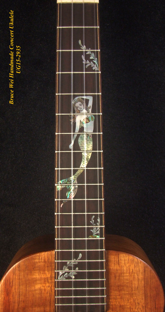 Handcrafted Concert Ukulele, Solid Hawaiian Koa, Mermaid Inlay, Soft-bag, Bruce Wei UG15-2935