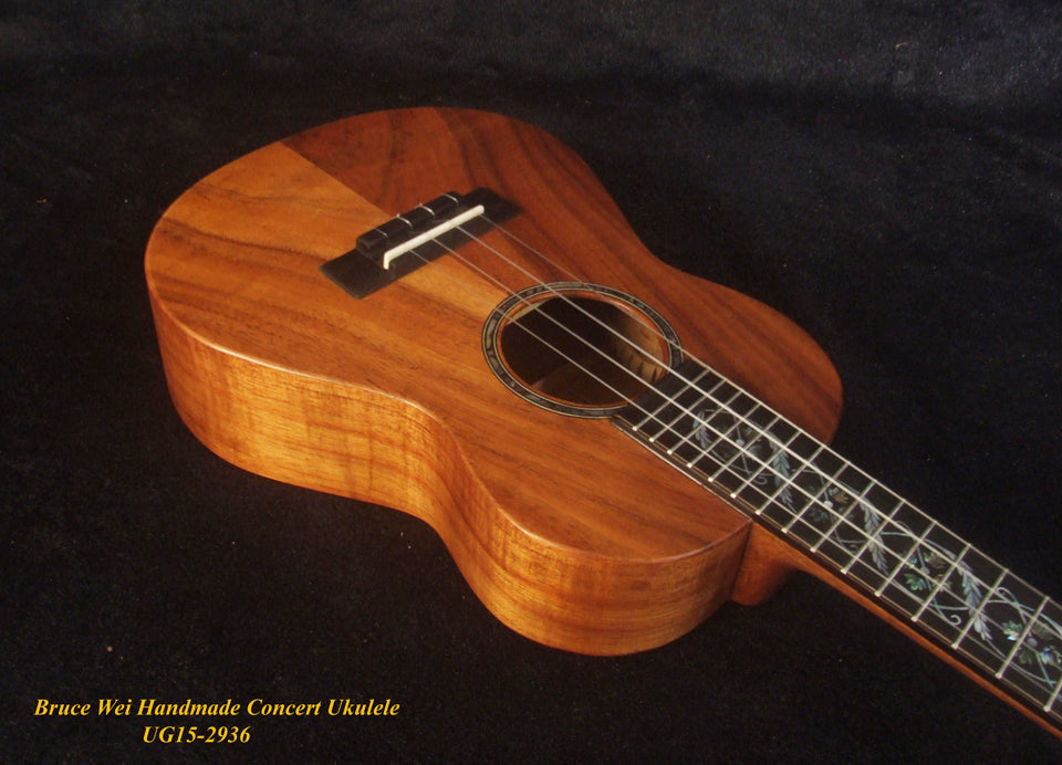 Handcrafted Concert Ukulele, Solid Hawaiian Koa, Abalone Inlay, Soft-bag, Bruce Wei UG15-2936