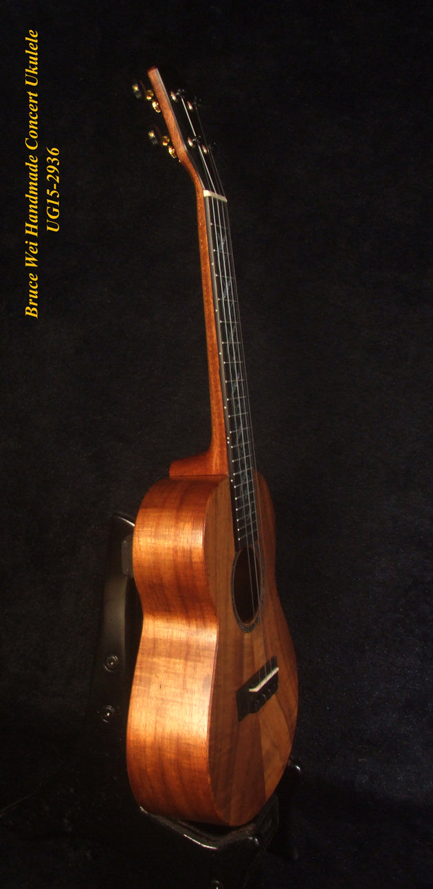Handcrafted Concert Ukulele, Solid Hawaiian Koa, Abalone Inlay, Soft-bag, Bruce Wei UG15-2936