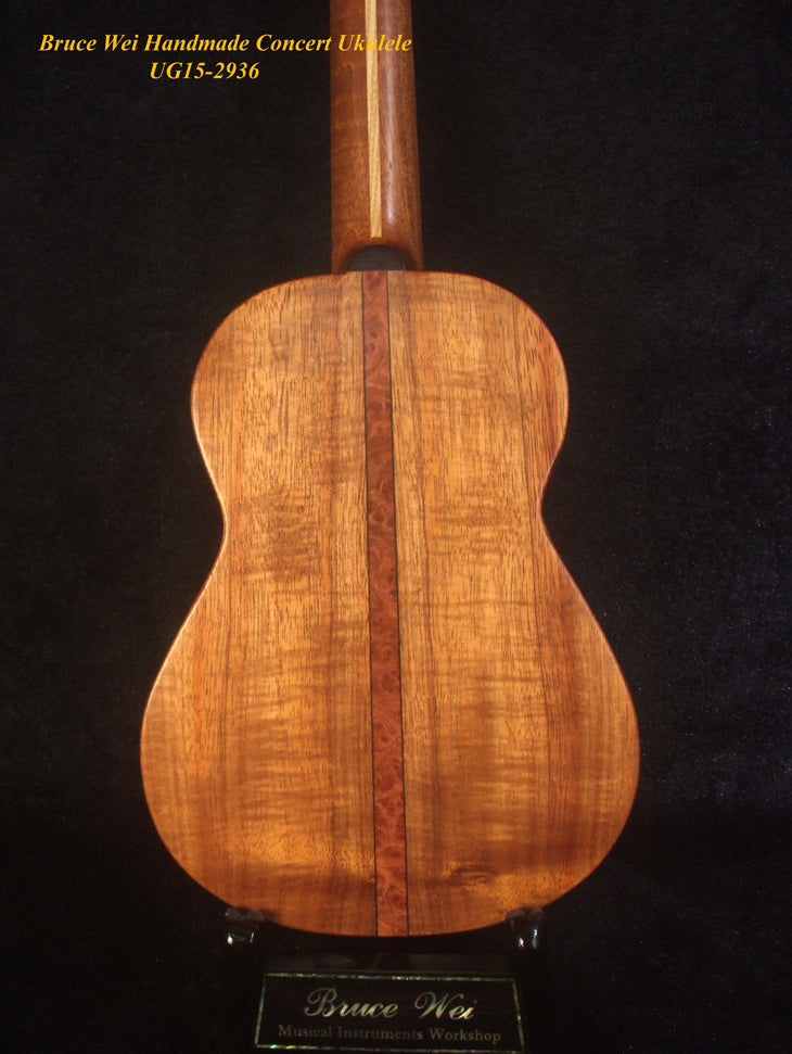 Handcrafted Concert Ukulele, Solid Hawaiian Koa, Abalone Inlay, Soft-bag, Bruce Wei UG15-2936