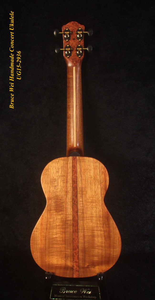 Handcrafted Concert Ukulele, Solid Hawaiian Koa, Abalone Inlay, Soft-bag, Bruce Wei UG15-2936
