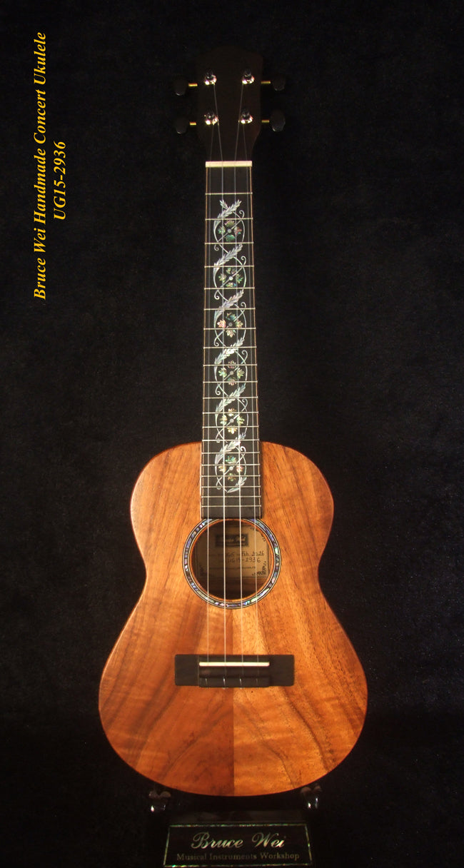 Handcrafted Concert Ukulele, Solid Hawaiian Koa, Abalone Inlay, Soft-bag, Bruce Wei UG15-2936