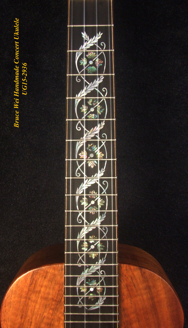 Handcrafted Concert Ukulele, Solid Hawaiian Koa, Abalone Inlay, Soft-bag, Bruce Wei UG15-2936