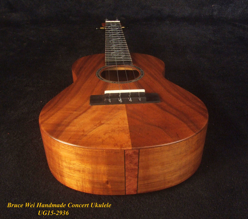 Handcrafted Concert Ukulele, Solid Hawaiian Koa, Abalone Inlay, Soft-bag, Bruce Wei UG15-2936