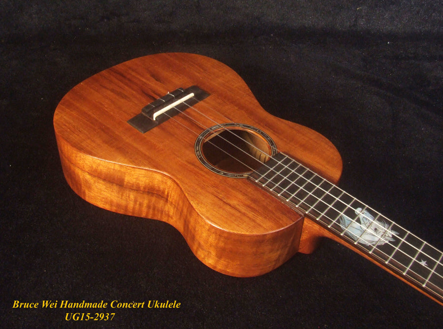 Handcrafted Concert Ukulele, Solid Hawaiian Koa, Horse Inlay, Soft-bag, Bruce Wei UG15-2937