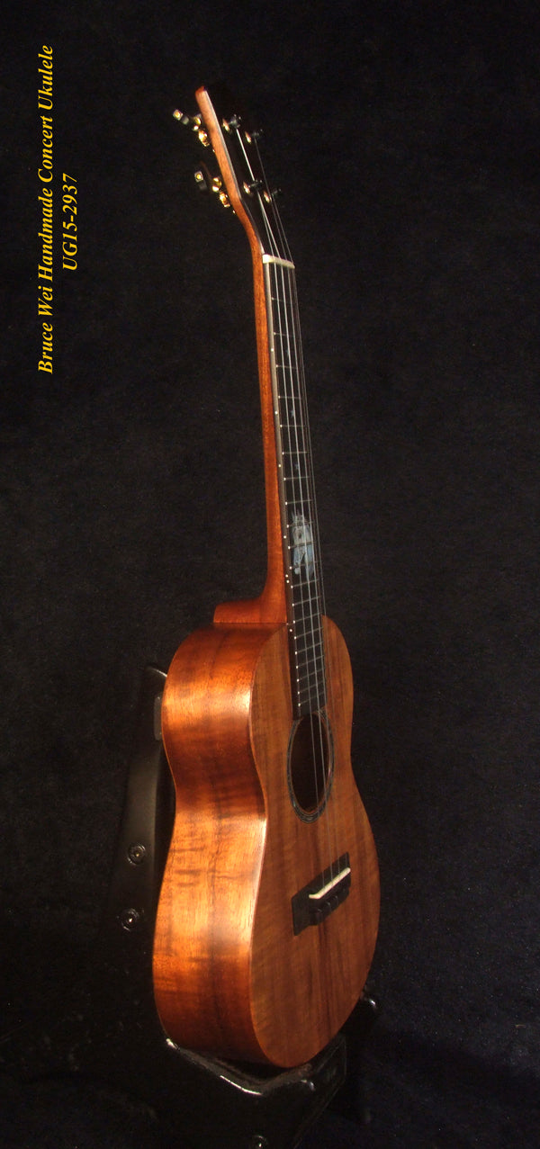 Handcrafted Concert Ukulele, Solid Hawaiian Koa, Horse Inlay, Soft-bag, Bruce Wei UG15-2937