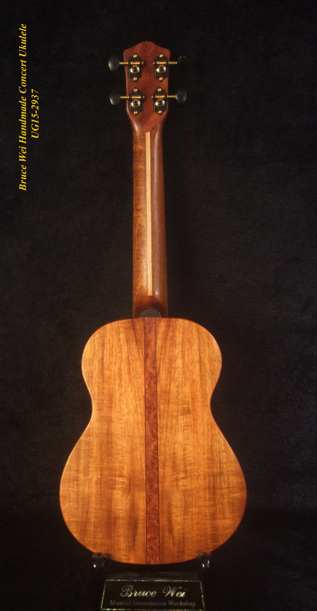 Handcrafted Concert Ukulele, Solid Hawaiian Koa, Horse Inlay, Soft-bag, Bruce Wei UG15-2937