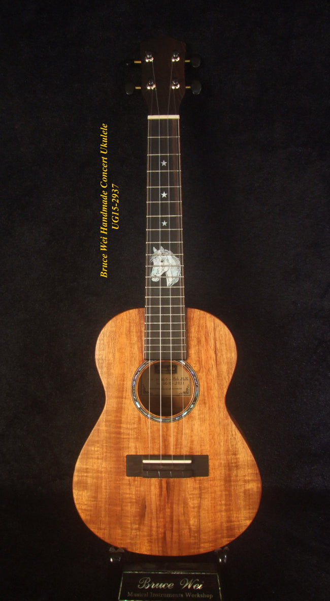 Handcrafted Concert Ukulele, Solid Hawaiian Koa, Horse Inlay, Soft-bag, Bruce Wei UG15-2937