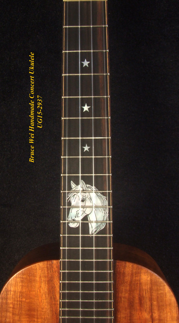 Handcrafted Concert Ukulele, Solid Hawaiian Koa, Horse Inlay, Soft-bag, Bruce Wei UG15-2937
