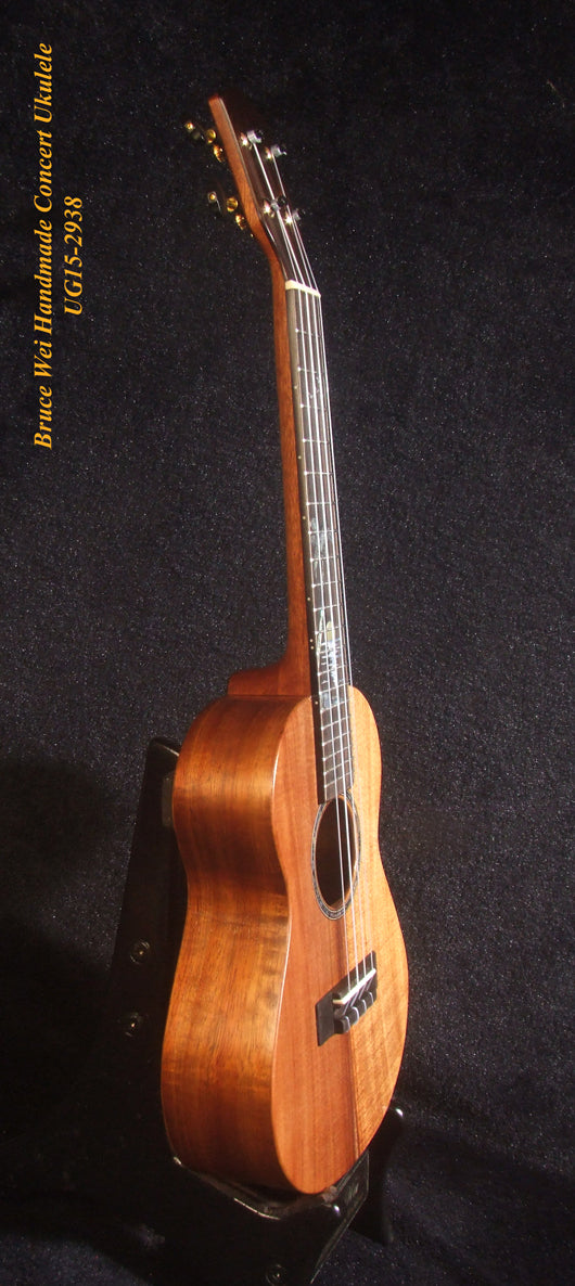 Handcrafted Concert Ukulele, Solid Hawaiian Koa, Acacia, Coconut Tree, Sunset Inlay, Soft-bag, Bruce Wei UG15-2938