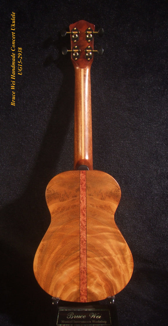 Handcrafted Concert Ukulele, Solid Hawaiian Koa, Acacia, Coconut Tree, Sunset Inlay, Soft-bag, Bruce Wei UG15-2938