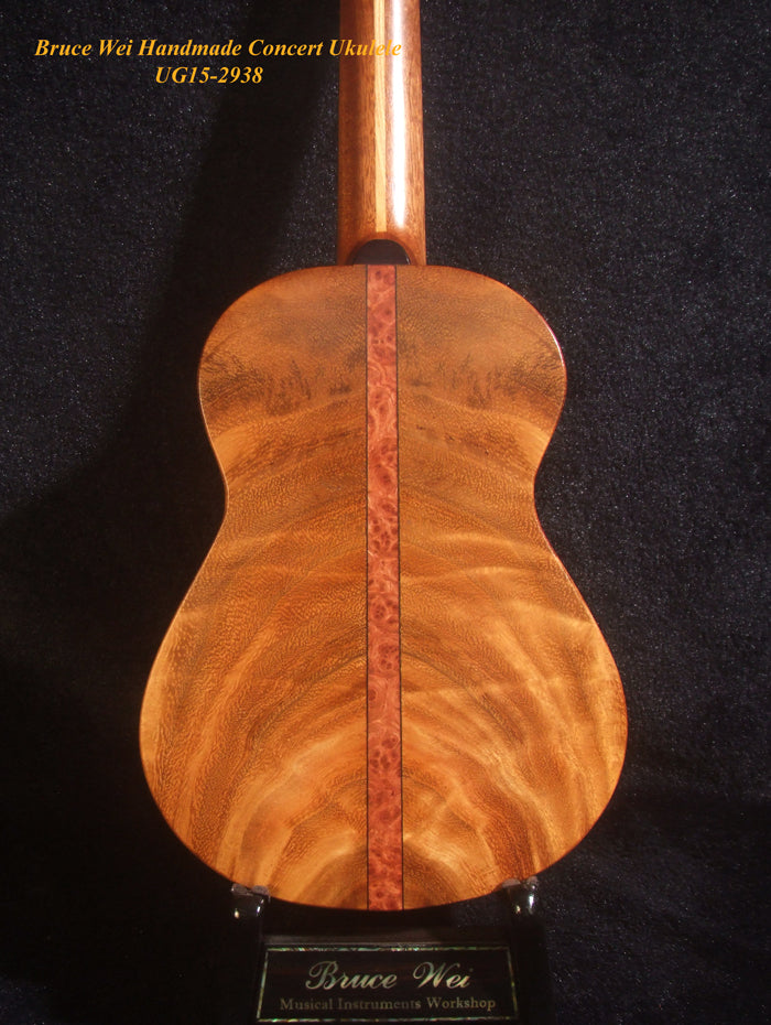 Handcrafted Concert Ukulele, Solid Hawaiian Koa, Acacia, Coconut Tree, Sunset Inlay, Soft-bag, Bruce Wei UG15-2938
