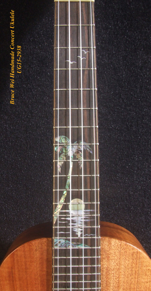 Handcrafted Concert Ukulele, Solid Hawaiian Koa, Acacia, Coconut Tree, Sunset Inlay, Soft-bag, Bruce Wei UG15-2938