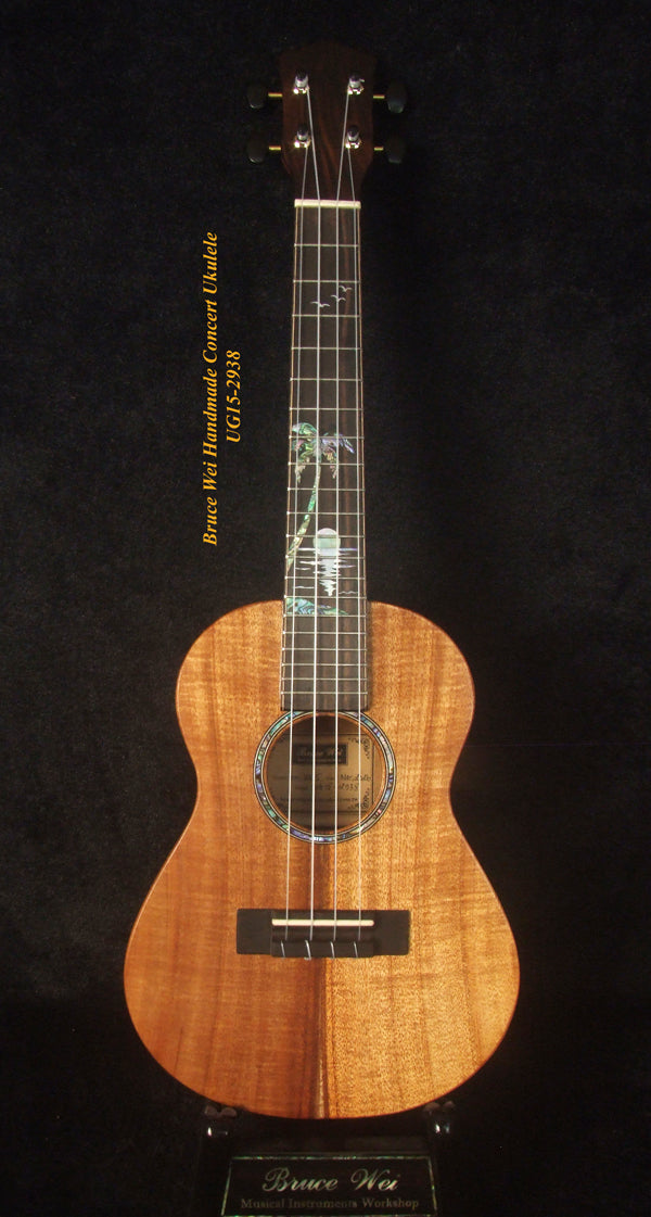 Handcrafted Concert Ukulele, Solid Hawaiian Koa, Acacia, Coconut Tree, Sunset Inlay, Soft-bag, Bruce Wei UG15-2938