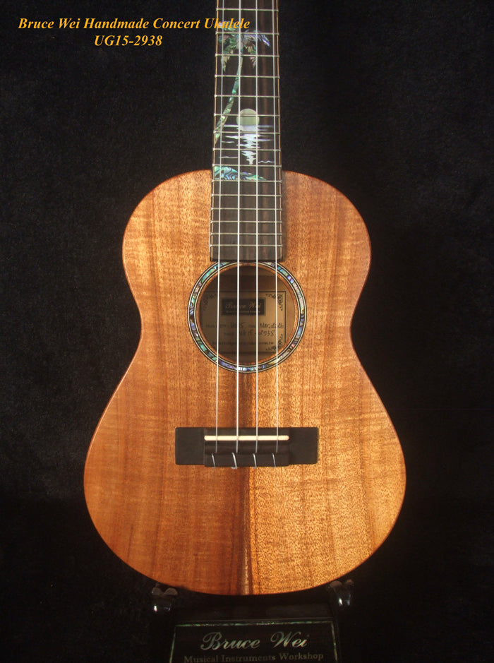 Handcrafted Concert Ukulele, Solid Hawaiian Koa, Acacia, Coconut Tree, Sunset Inlay, Soft-bag, Bruce Wei UG15-2938