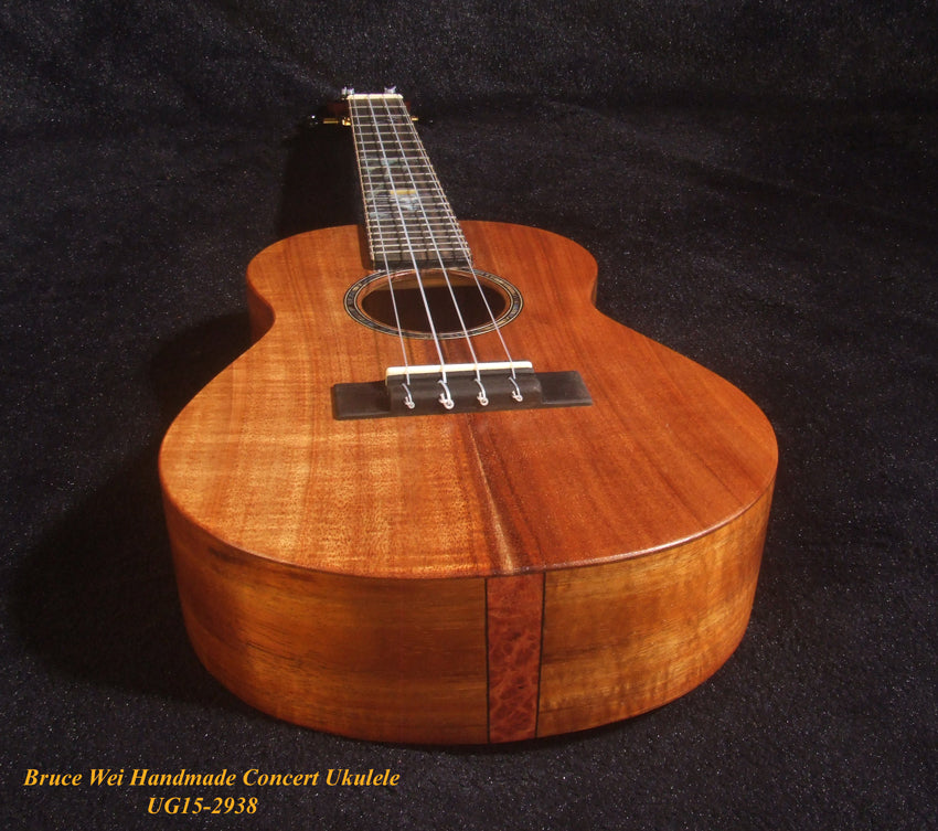 Handcrafted Concert Ukulele, Solid Hawaiian Koa, Acacia, Coconut Tree, Sunset Inlay, Soft-bag, Bruce Wei UG15-2938