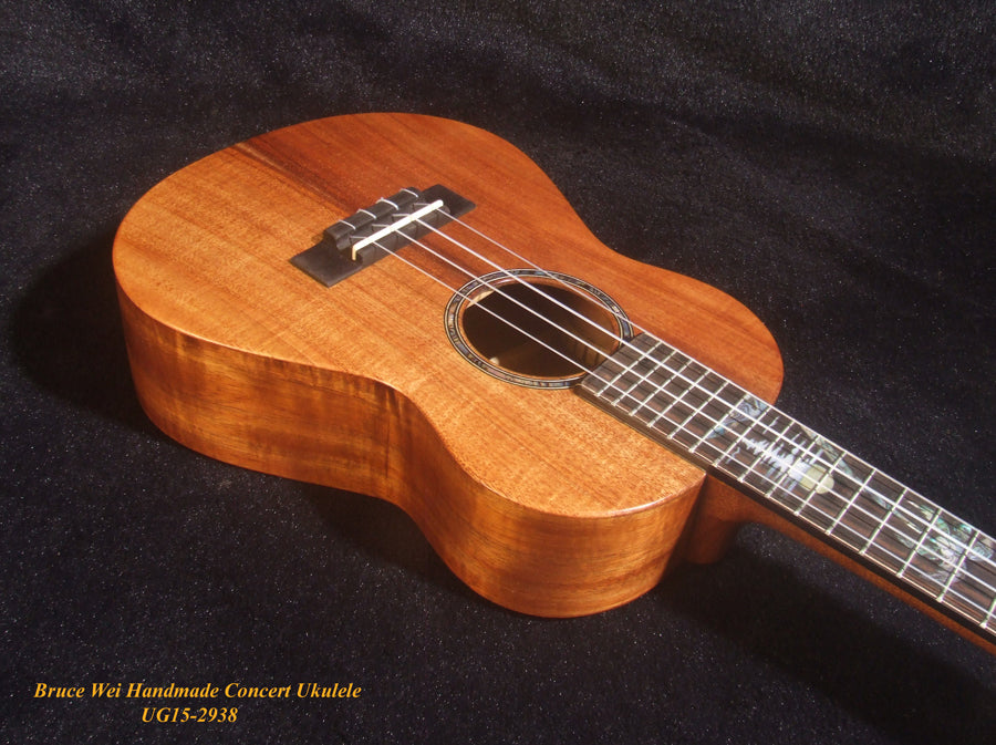 Handcrafted Concert Ukulele, Solid Hawaiian Koa, Acacia, Coconut Tree, Sunset Inlay, Soft-bag, Bruce Wei UG15-2938