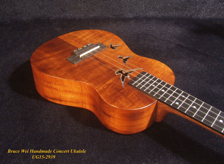 Handcrafted Concert Ukulele, Solid Curly Hawaiian Koa, Doves Soundhole, Soft-bag, Bruce Wei UG15-2939
