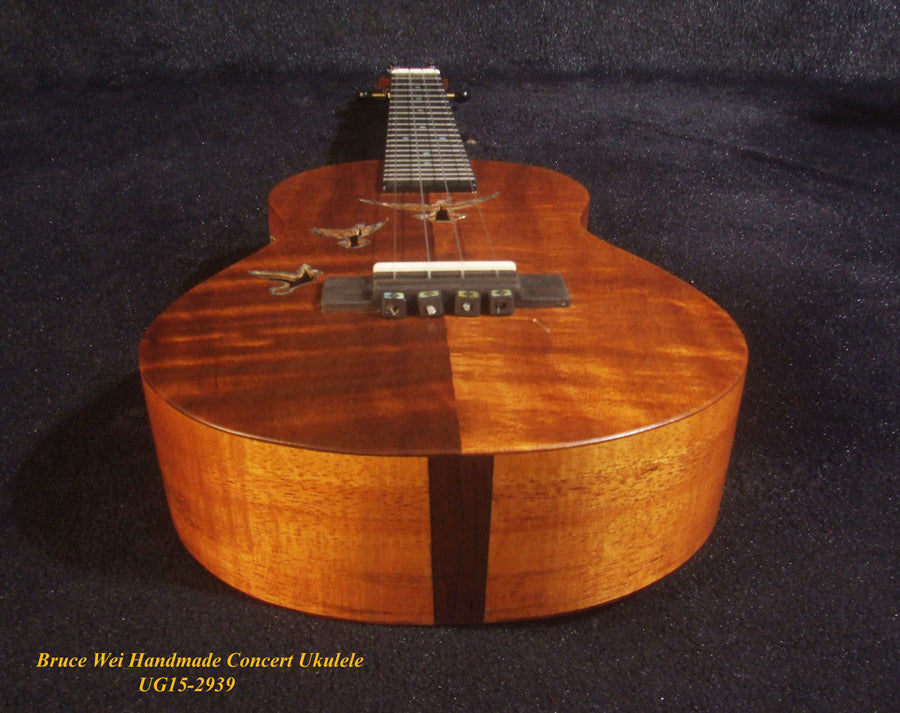 Handcrafted Concert Ukulele, Solid Curly Hawaiian Koa, Doves Soundhole, Soft-bag, Bruce Wei UG15-2939