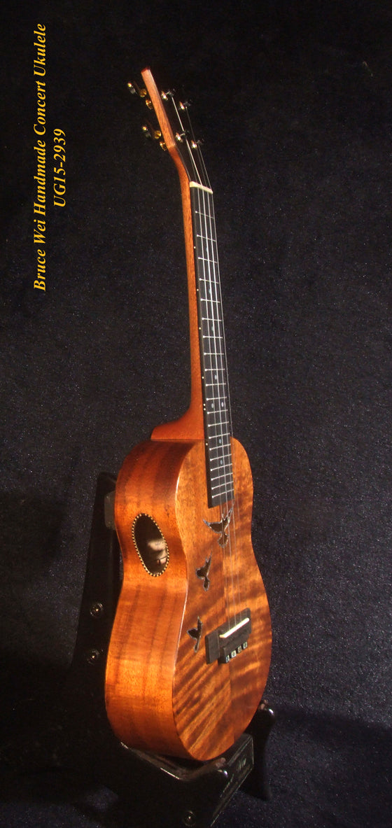 Handcrafted Concert Ukulele, Solid Curly Hawaiian Koa, Doves Soundhole, Soft-bag, Bruce Wei UG15-2939