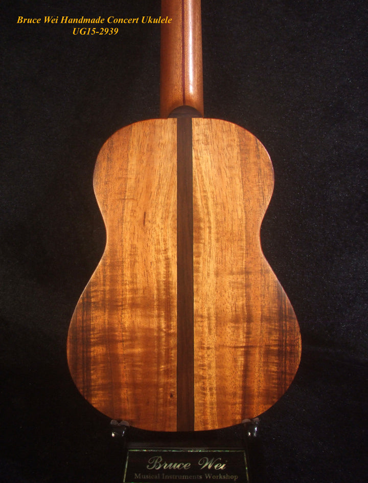 Handcrafted Concert Ukulele, Solid Curly Hawaiian Koa, Doves Soundhole, Soft-bag, Bruce Wei UG15-2939