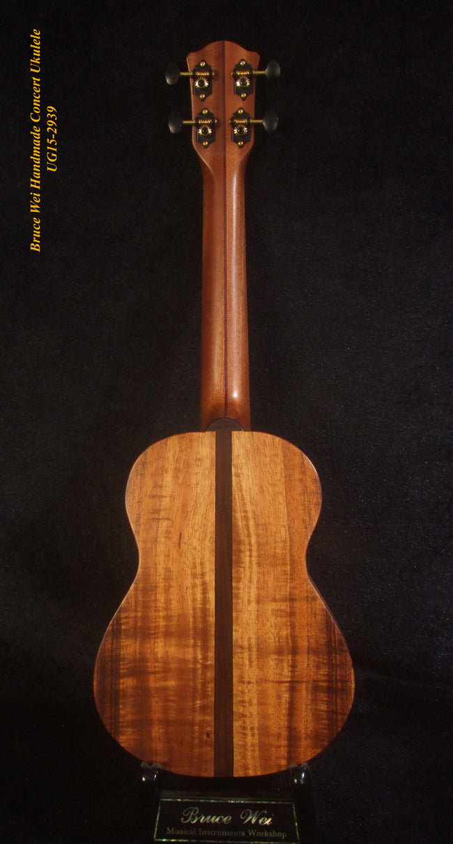 Handcrafted Concert Ukulele, Solid Curly Hawaiian Koa, Doves Soundhole, Soft-bag, Bruce Wei UG15-2939