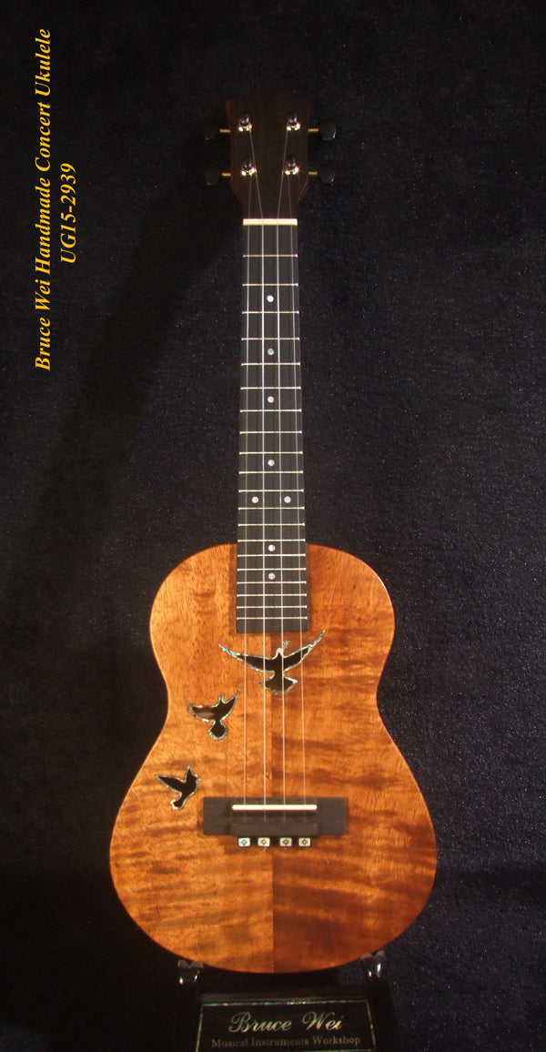 Handcrafted Concert Ukulele, Solid Curly Hawaiian Koa, Doves Soundhole, Soft-bag, Bruce Wei UG15-2939