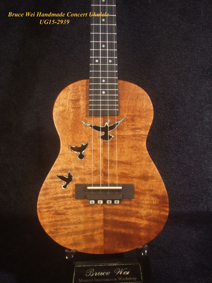 Handcrafted Concert Ukulele, Solid Curly Hawaiian Koa, Doves Soundhole, Soft-bag, Bruce Wei UG15-2939