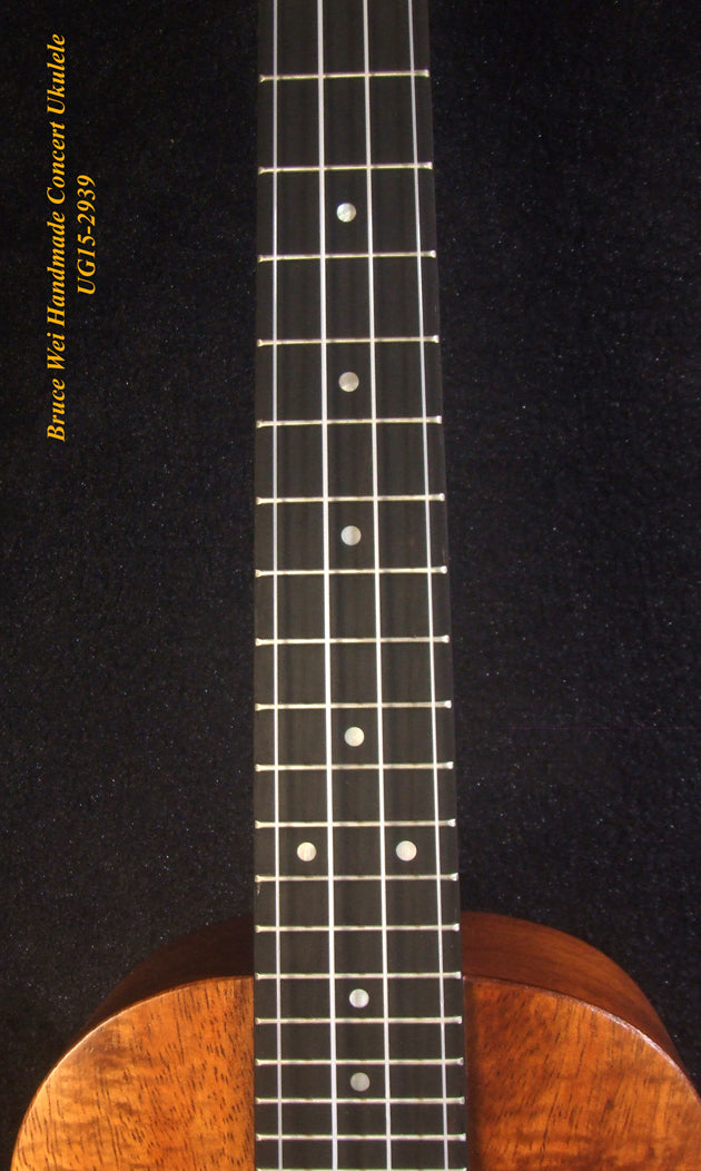 Handcrafted Concert Ukulele, Solid Curly Hawaiian Koa, Doves Soundhole, Soft-bag, Bruce Wei UG15-2939