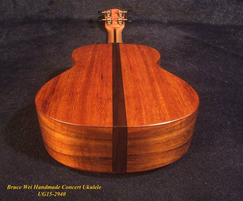 Handcrafted Concert Ukulele, Solid Hawaiian Koa, Mop & Abalone Floral Inlay, Soft-bag, Bruce Wei UG15-2940
