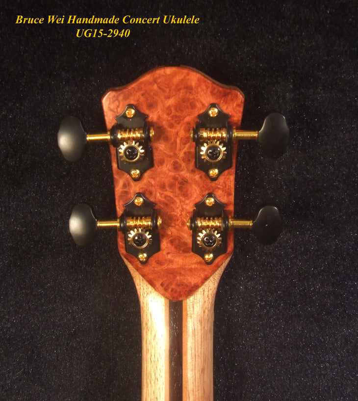 Handcrafted Concert Ukulele, Solid Hawaiian Koa, Mop & Abalone Floral Inlay, Soft-bag, Bruce Wei UG15-2940
