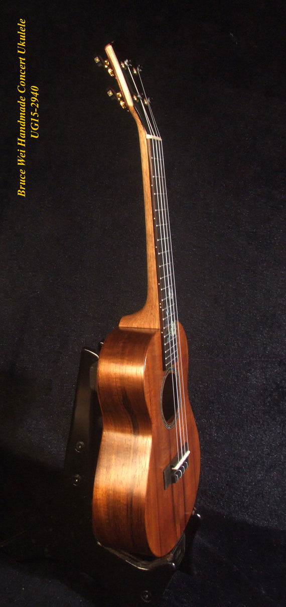 Handcrafted Concert Ukulele, Solid Hawaiian Koa, Mop & Abalone Floral Inlay, Soft-bag, Bruce Wei UG15-2940