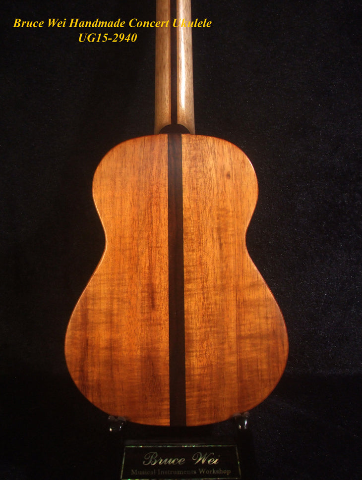 Handcrafted Concert Ukulele, Solid Hawaiian Koa, Mop & Abalone Floral Inlay, Soft-bag, Bruce Wei UG15-2940