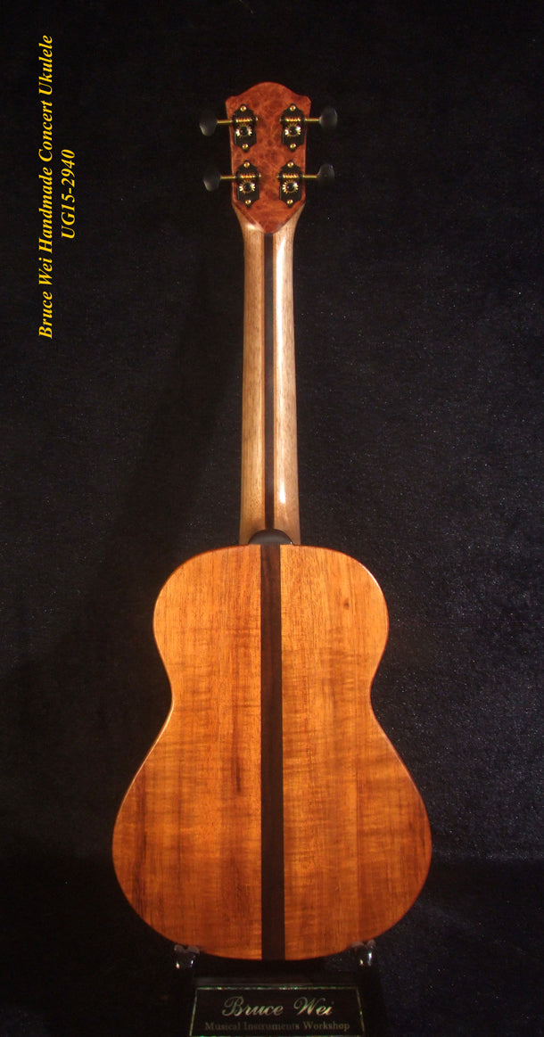 Handcrafted Concert Ukulele, Solid Hawaiian Koa, Mop & Abalone Floral Inlay, Soft-bag, Bruce Wei UG15-2940