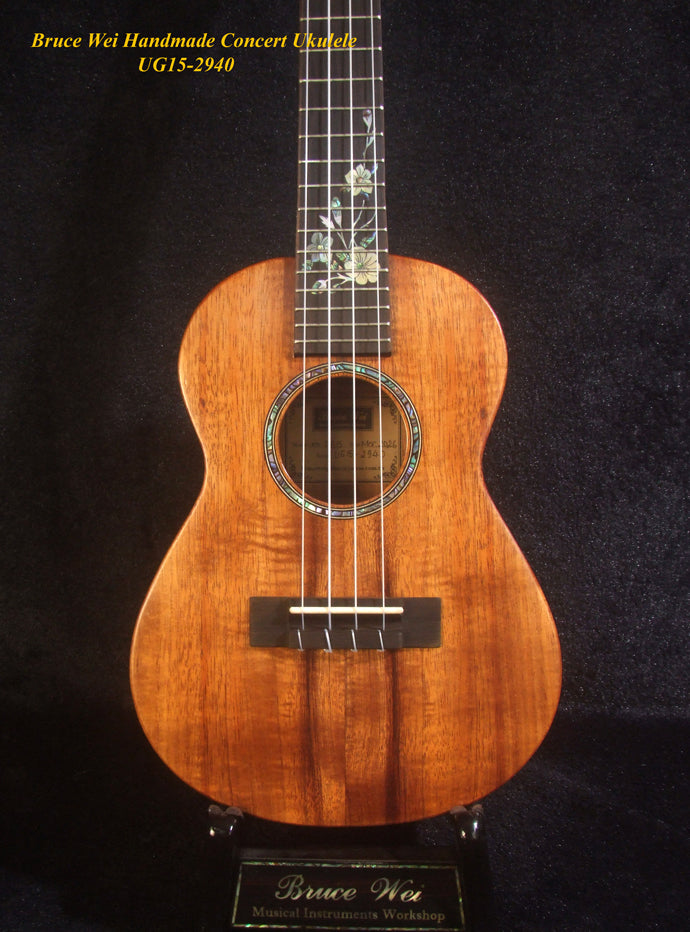 Handcrafted Concert Ukulele, Solid Hawaiian Koa, Mop & Abalone Floral Inlay, Soft-bag, Bruce Wei UG15-2940