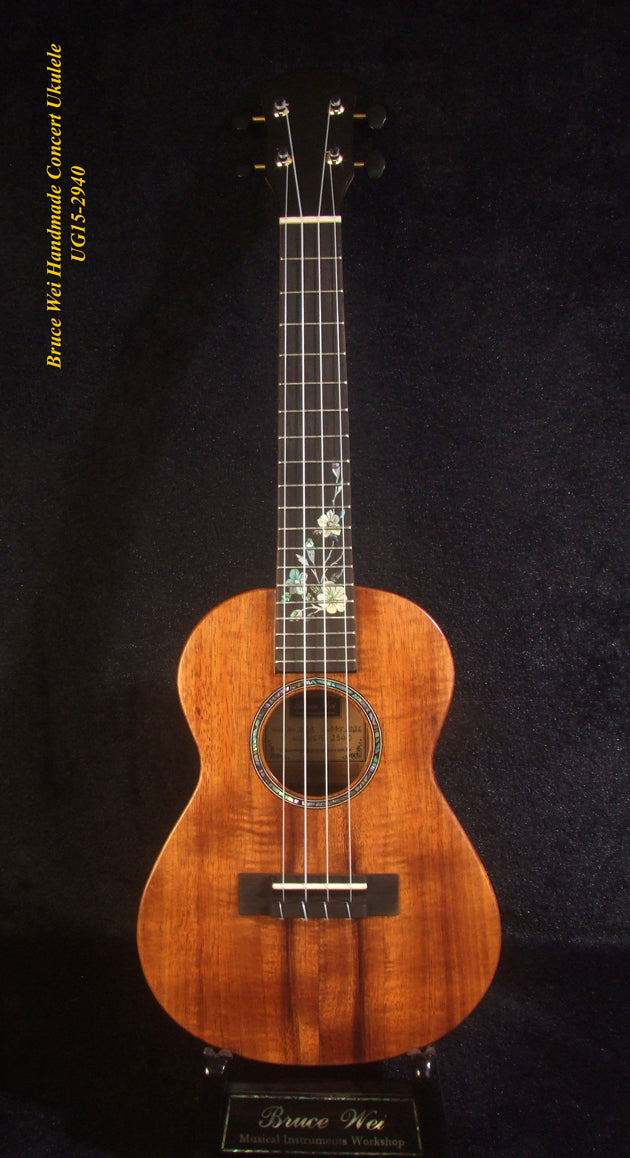 Handcrafted Concert Ukulele, Solid Hawaiian Koa, Mop & Abalone Floral Inlay, Soft-bag, Bruce Wei UG15-2940