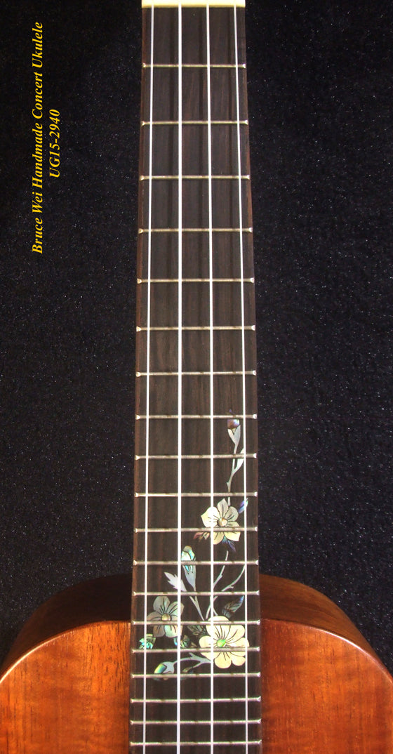 Handcrafted Concert Ukulele, Solid Hawaiian Koa, Mop & Abalone Floral Inlay, Soft-bag, Bruce Wei UG15-2940