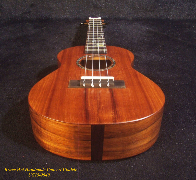 Handcrafted Concert Ukulele, Solid Hawaiian Koa, Mop & Abalone Floral Inlay, Soft-bag, Bruce Wei UG15-2940