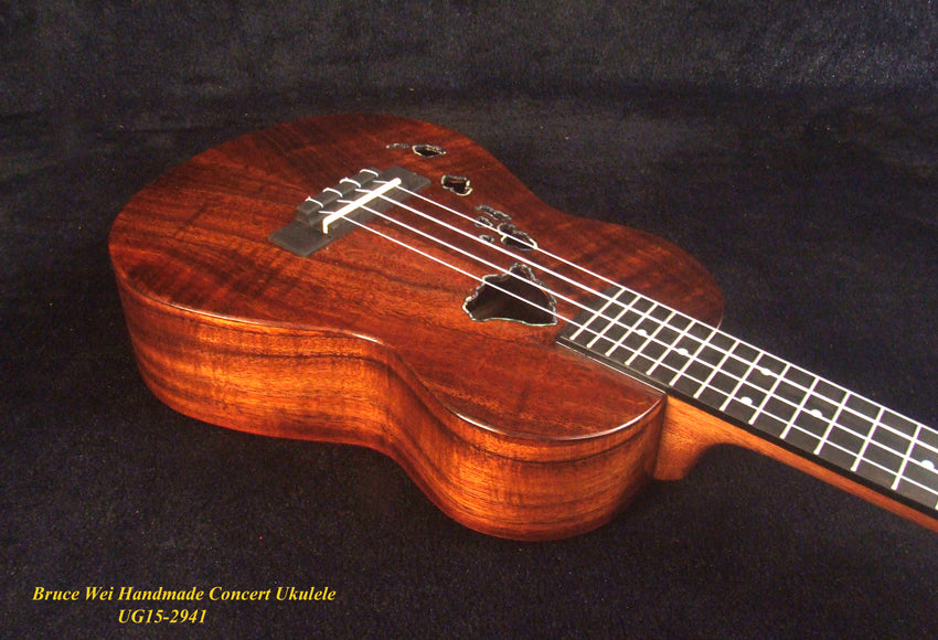 Handcrafted Concert Ukulele, Solid Curly Hawaiian Koa, The Islands Soundhole, Abalone inlay, Soft-bag, Bruce Wei UG15-2941